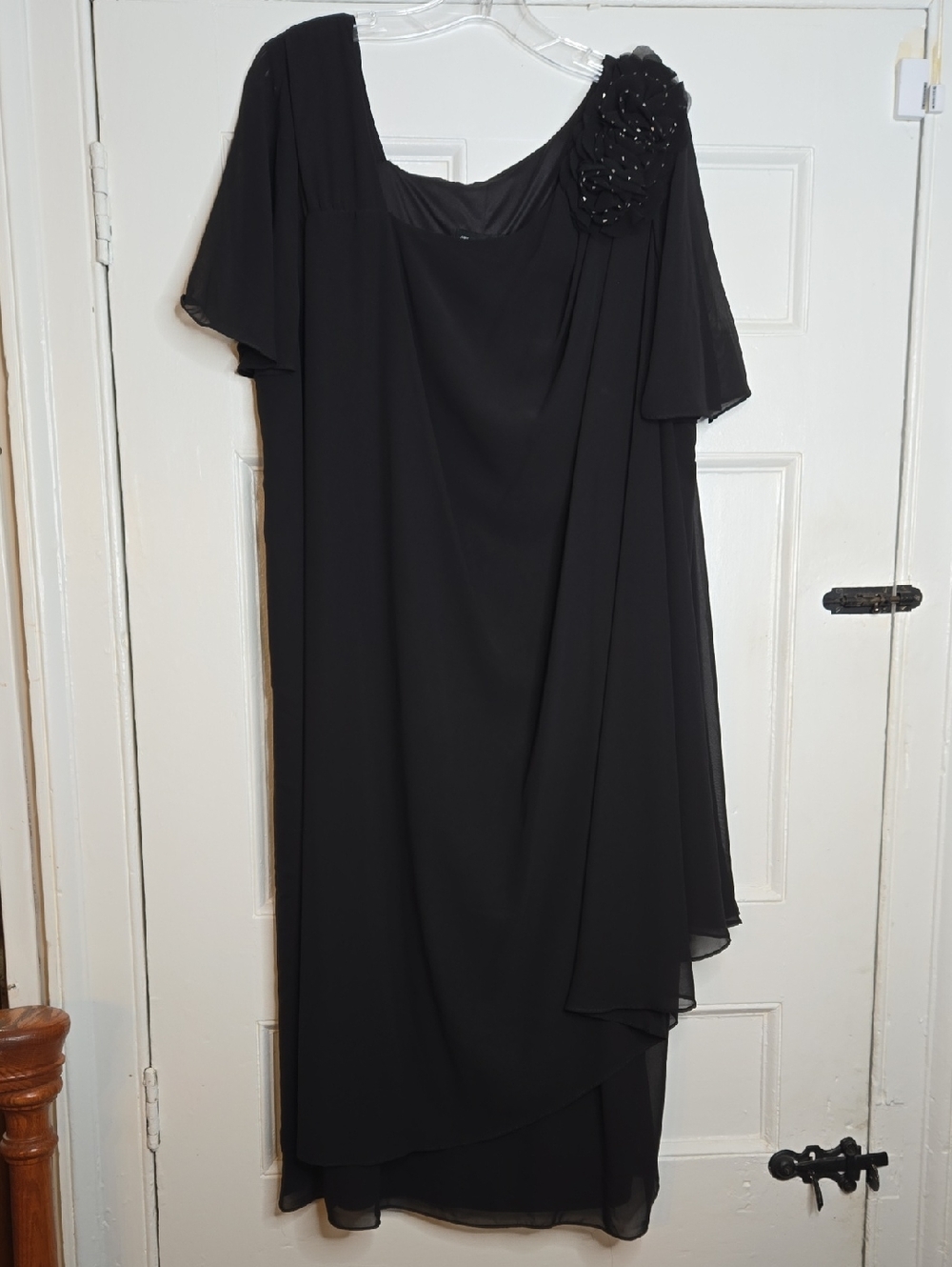 Maggie Barnes Black Midi Dress with Beaded Shoulder Rosette, Size 22W